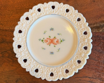 Mid Century Kemple Lacy Heart Hand Painted 7.5" Decorative Milk Glass Plate with Roses - Vintage Botanical Floral Shabby Chic Home Decor