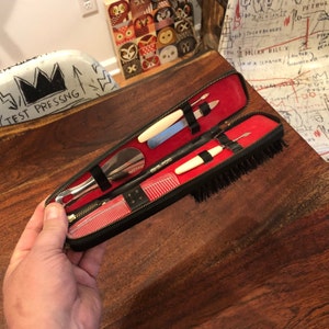 Vintage 1960&#39;s German & Austrian Leather Men&#39;s Lint Brush Case with Comb Shoehorn and Manicure Grooming Utensils - 3 Nail Utensils Missing