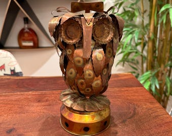 Vintage Brutalist Metal Spinning Owl Statue Music Box - Cabin Lake House Lodge Forest Animal Wilderness Woodland Home Decor Brutalism Art
