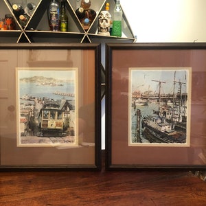 Set of 2 Vintage c. 1968 San Francisco Trolley Car & San Francisco Bay Fishing Boats with Coit Tower Framed Art Prints by Don Davey
