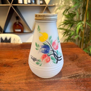 Vintage 1940er Jahre Art Deco Glas Sirupglas mit handbemalten Tulpen von Anchor-Hocking - Frühstücksgeschirr - Botanisches Blumenküchendekor