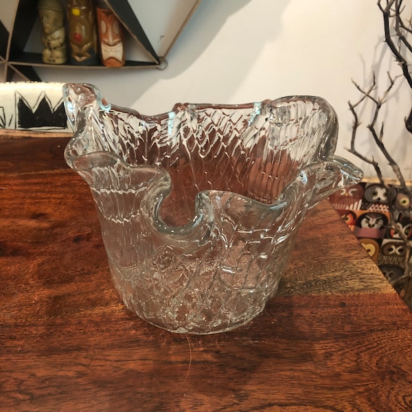 Vintage c. 1986 Hand Made BLENKO Free Form Clear Glass Ice Bucket Bowl - Fishing Net Texture - Fruit Bowl - Centerpiece Bowl #7922