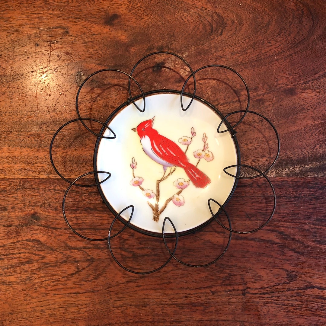 Mid Century Porcelain Red Cardinal Decorative Wall Plate With Flower ...
