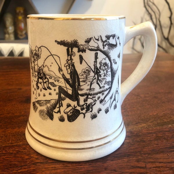 Mid Century English Humorous Fishermen in Top Hats Ceramic Beer Stein by The Bovey Pottery of England - Drawn by R.M. Byron English Mug