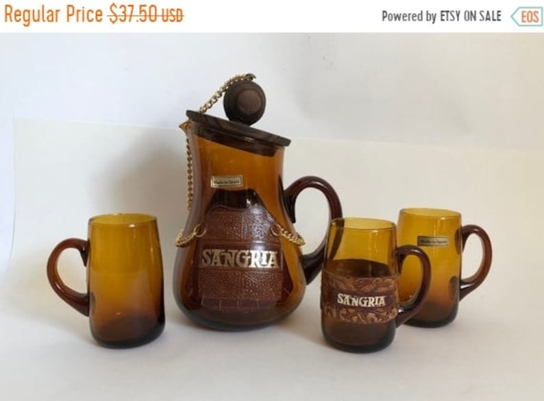 Sale Vintage 1970/'s Spanish Amber Glass /& Wood Sangria Pitcher and Glass Set Made in Spain Vintage Barware