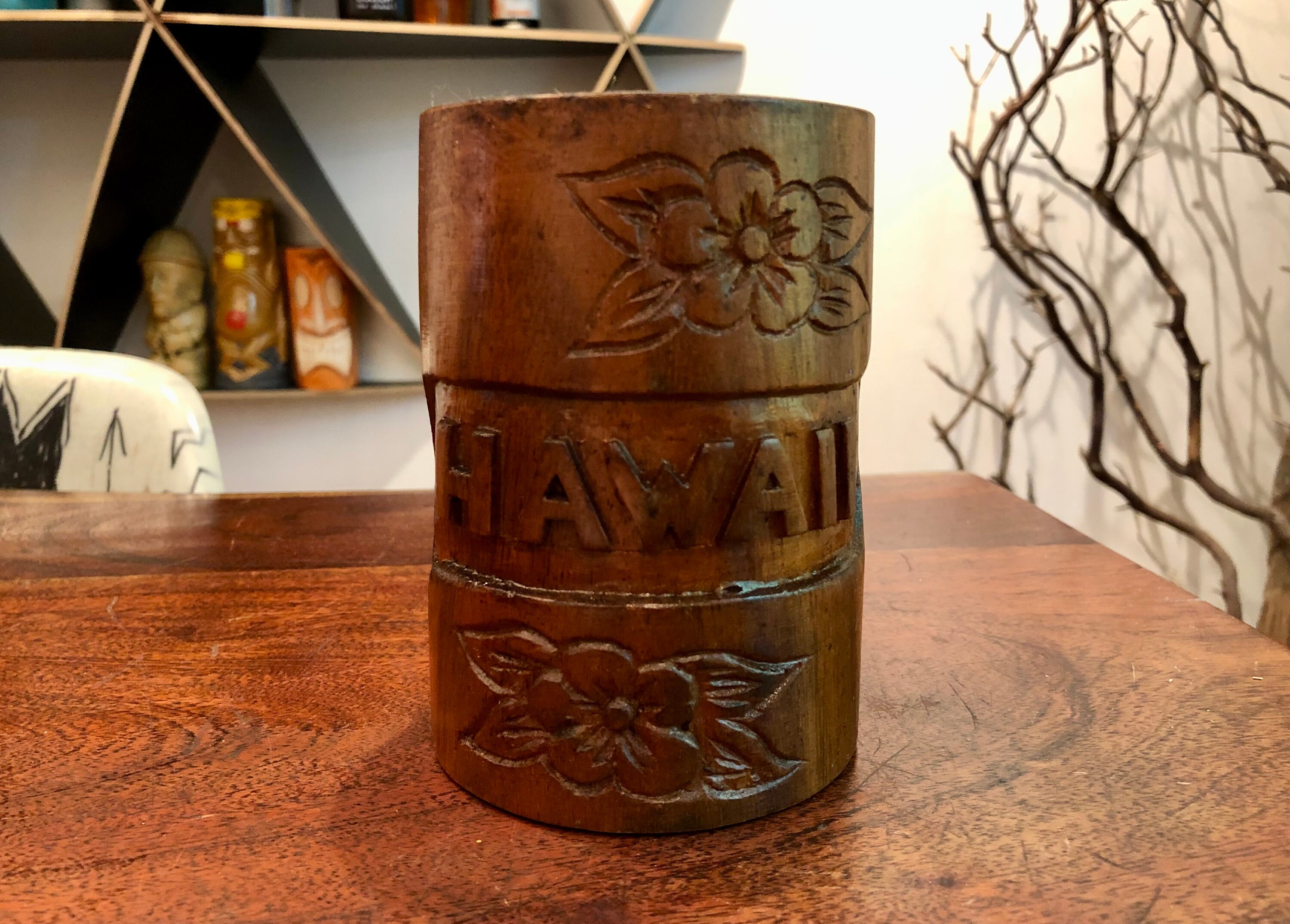Vintage Hand Carved Monkey Pod Wood HAWAII Souvenir Cup - Hawaiian