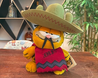Vintage c. 1981 Garfield Wearing Sombrero 10th Birthday 10.75" Plush Toy by R. Dakin & Co. - Comic Strip Memorabilia - Cartoonist Jim Davis