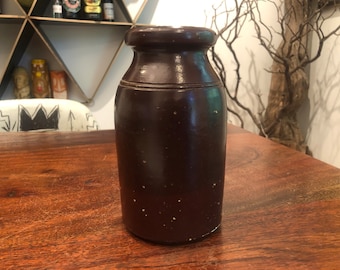 Antique 1800s Small Dark Brown Stoneware Pottery Jar - Vintage 19th Century Rustic Farmhouse Kitchen Home Decor - Old Storage Container