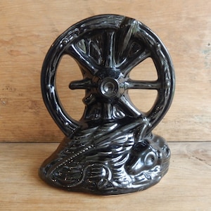 Mid Century 1950's Country Western Black Pottery Wagon Wheel Vase - Vintage Cowboy Cowgirl Decor