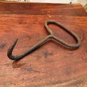 Antique Forged Solid Iron Hay Bale Hook - Vintage Farm Implement Farming Tool - Rustic Country Farmhouse Decor