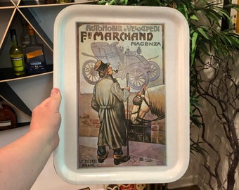Vintage 1970s Osvaldo Ballerio 1870 - 1942 Italian Automobili e Velocipedi F.lli Marcand Piacenza Antique Car Advertising Bamboo Tray