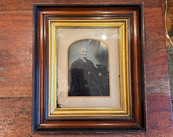 Antique 1850s Victorian Hand Colored Tintype Photograph of an Old Man with Top Hat in Hardwood Frame  1800's 19th Century Farmhouse Decor