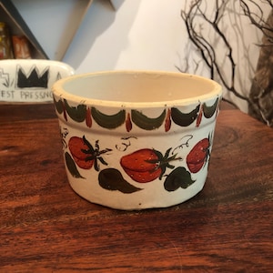 Antique Stoneware Pottery Crock with Hand Painted Toleware Strawberries - Vintage Strawberry Fruit Home Decor - Farmhouse Kitchen Decor -