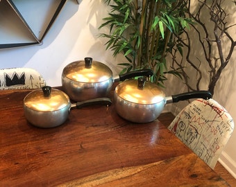 Set of 3 Mid Century Modern 1950's WEAR-EVER Hallite Thick Aluminum Cooking Pots with Anodized Copper Lids - 1.5 - 2.5 - 3.5 Quart Pot