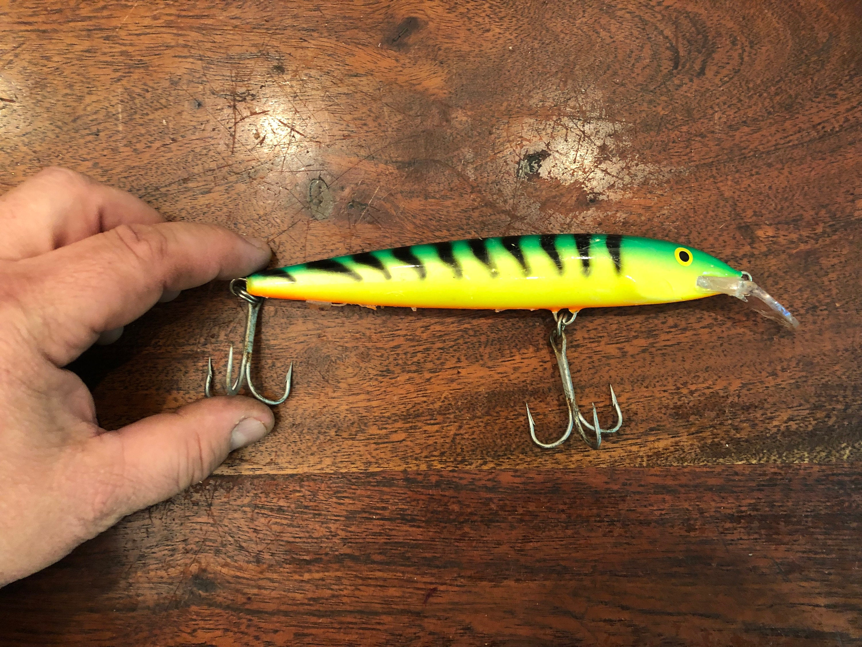 Vintage FINLAND RAPALA MAGNUM Green Yellow & Orange Large Fishing