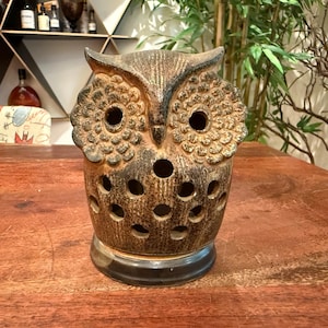 Vintage 1970&#39;s Otagiri Stoneware Ceramic Owl Candle Luminary - Retro 70&#39;s Hoot Owl Candleholder - Halloween Decoration Woodland Home Decor