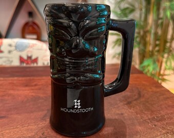 Vintage Houndstooth Company Logo on Black Ceramic Tiki Mug - Hawaiian Tropical Tiki Barware Bar Decor
