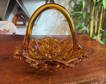 Mid Century Indiana Glass Monticello Handled Amber Mist Handled Candy Bowl - Vintage Nut Dish with Handle
