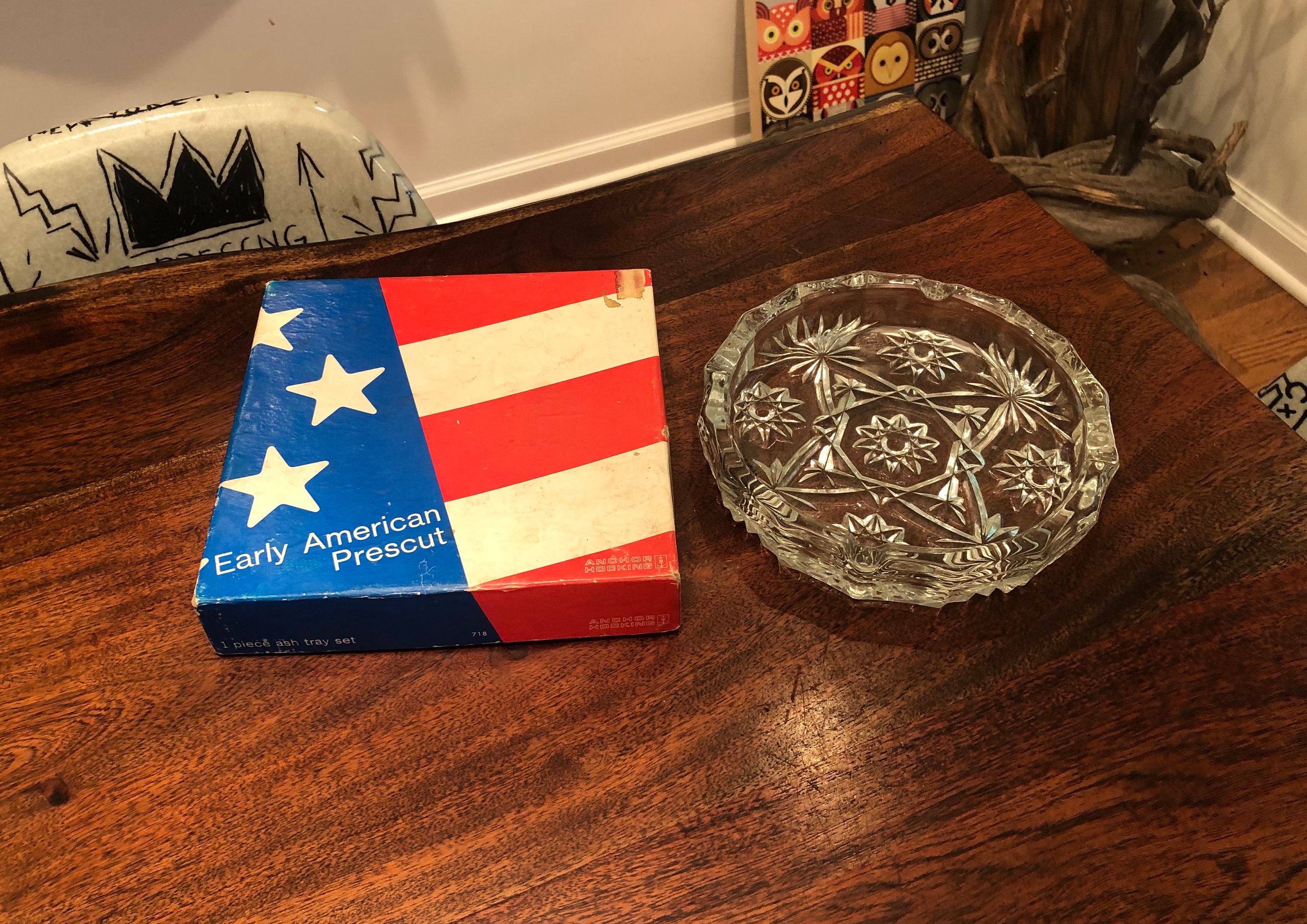 Vintage Early American Prescut Glass Ashtray in Box by Anchor 
