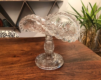 Mid Century Curved Clear Pressed Glass Pedestal Fruit Bowl