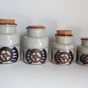 Set of 4 Vintage 1970's Hand Painted Scandinavian Stoneware Pottery Canisters - Danish Modern Kitchen Decor - Stoneware Jars Japandi Decor