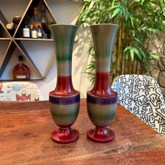 陶芸品 陶器 花瓶 メキシカンアンティーク ミッドセンチュリーメキシカン10インチ旋盤加工木製花瓶2個セット