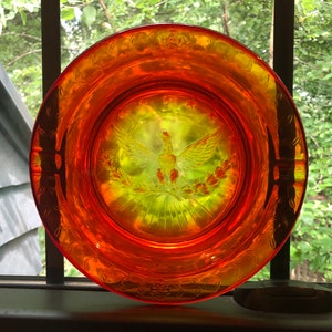 Vintage 1960&#39;s 1970&#39;s Orange Hombre Glass Patriotic Bald Eagle Ashtray by L.E. Smith - Vintage Colonial Early American Home Decor