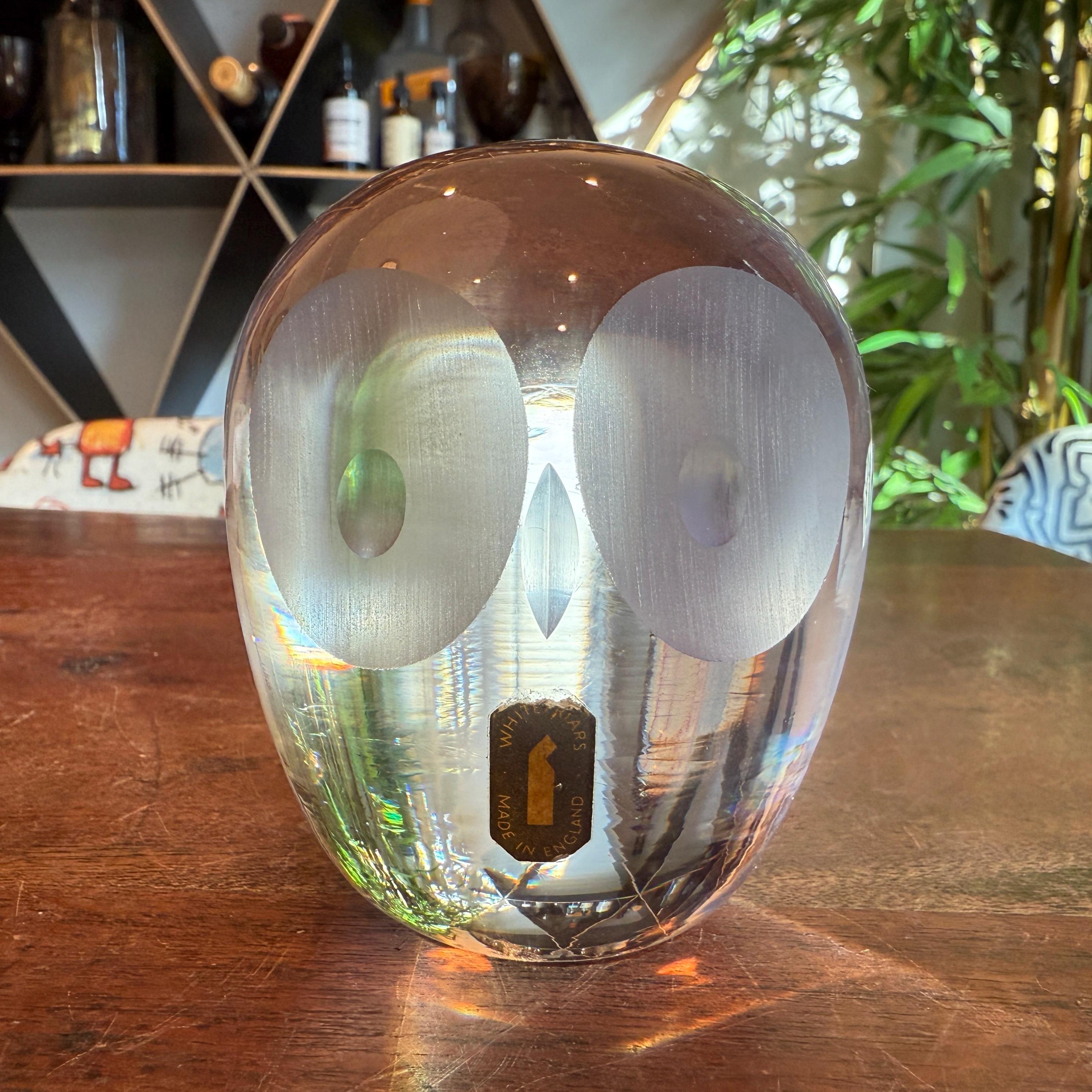 Vintage English Whitefriars Crystal Art Glass Owl Figurine Paperweight - Made in England - Woodland 