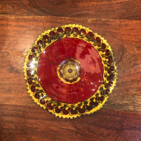 Antique 1900's Victorian Goofus Glass Gold & Red Pressed Glass Bowl with Strawberry or Raspberry Designs - Vintage Hollywood Regency Decor