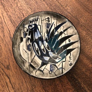Mid Century Modernist Hand Painted Ceramic 5.5&quot; Trinket Bowl with Rooster