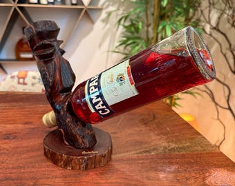 Vintage Costa Rica Souvenir Hand Carved Wooden Tribal Totem Pole Art Wine Bottle Holder - Costa Rican Folk Art Barware Bar Home Decor