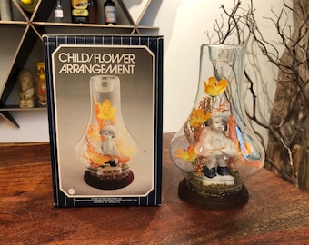 Vintage 1983 Kitschy Porcelain Child & Faux Flower Diorama in Glass Cloche on Stand with Box by Action Industries - 1980s 80s Kitsch Decor