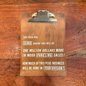 Mid Century c. 1963 SEARS Wood Paneling Sales Plywood Clipboard - Vintage 1960&#39;s Sears Salesmen&#39;s Desk Office Supplies - Advertising Board