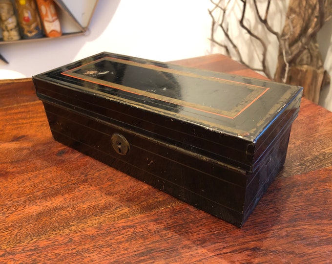 Antique 1900's Black Metal Bank Lock Box With Handle No Key Vintage