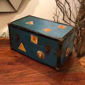 Vintage 1940's Blue Metal and Wood Blue Doll Steamer Trunk Toy with 16 Travel Stickers by Mason & Parker Mfg. Educational Playthings