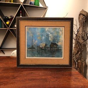 Vintage c. 1974 Signed Original Acrylic Fishing Boats & Harbor Scene in Matted Wooden Frame by Ryun - Nautical Maritime Fishing Village Art