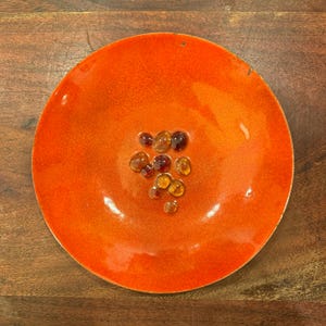 Mid Century Modern Bright Orange Enamel on Copper 9&quot; Trinket Bowl / Tray with Glass Beads - Vintage MCM Retro Home Decor Ring / Change Bowl