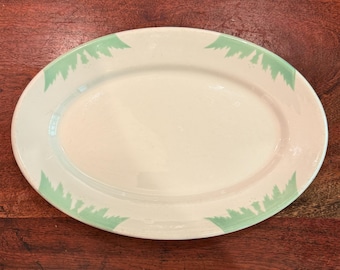 Mid Century Sterling Vitrified China Restaurant Thick Ceramic 12.75" Oval Platter with Mint Green Leaf Design - D-6 East Liverpool Ohio USA