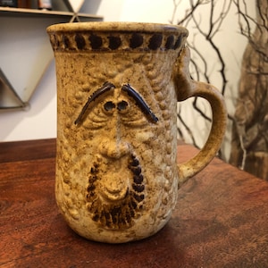 Vintage 1970&#39;s Pottery Craft Glazed Stoneware Pottery 24 oz. Man&#39;s Face with Goatee Mug - Vintage Beer Mug - Large Novelty Coffee Mug