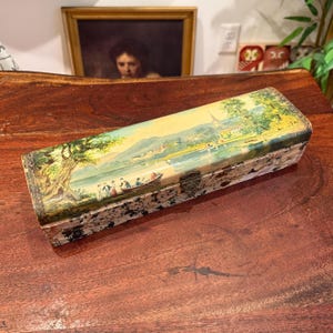 Antique 1800&#39;s Victorian Paper Covered Wooden Hinged Glove Box with Idyllic Lake and Landscape Scene - Vintage Country Farmhouse Home Decor
