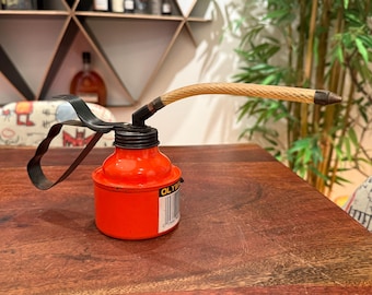 Vintage OLYMPIA Orange Enameled Metal Pump Oil Can - Antique Automobile Mechanic Machinery Oiler Tool - Vintage Oiling Can