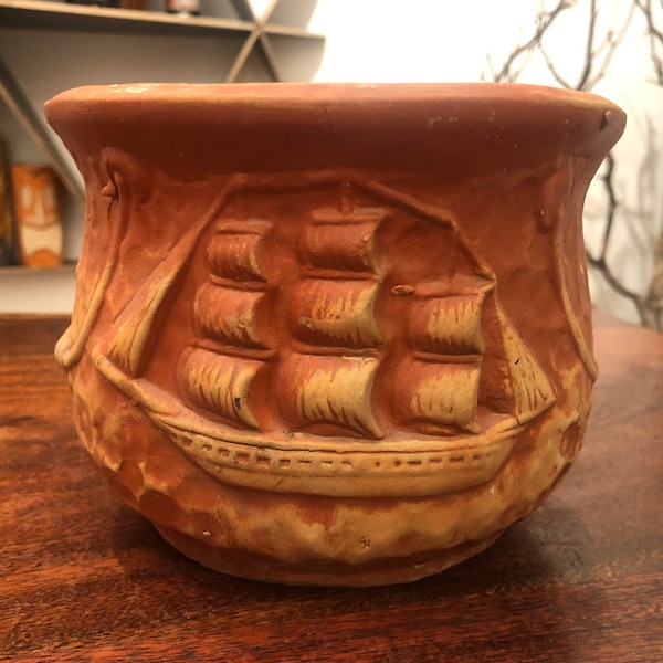 Antique 1940's Clay Pottery Flower Pot with Sailing Ship & Crock Relief - Arts and Crafts Decor - Spanish Ship Art Vintage 1940s Home