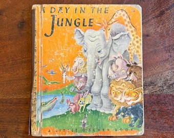 Vintage c. 1943 A Day in the Jungle Hardback Illustrated Children's A Little Golden Book by Janette Sebring Lowrey Pictures by Tibor Gergely