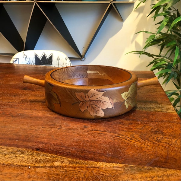 Vintage 1940's Robinhood Ware Hand Painted Wooden Nut Bowl with Fall Leaves - Antique Wood Fruit Bowl with Handles - Vintage Fall Home Decor