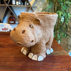 May include: A novelty ceramic plant pot in the shape of a hippopotamus. The brown pot has a textured finish, detailed facial features, and white accents on the feet. It is designed for plants and adds a fun element to any room.