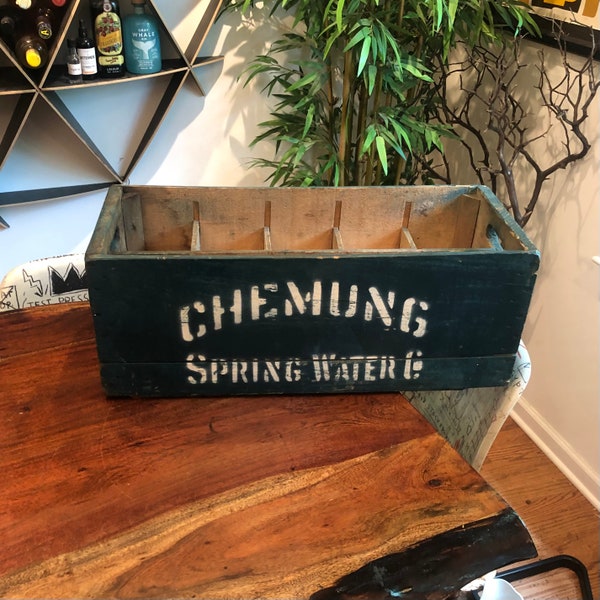 Antique 1930's CHEMUNG Spring Water 10 Section Water Bottle Shipping Crate - 2 Liter Soda Pop Holder - Chemung New York - Farmhouse Decor