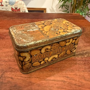 Antique 1920&#39;s E.F. Kemps Salted Mixed Nuts Metal Advertising Tin with Lid - Golden How Shops Boston Massachusetts Vintage 20&#39;s Storage Box