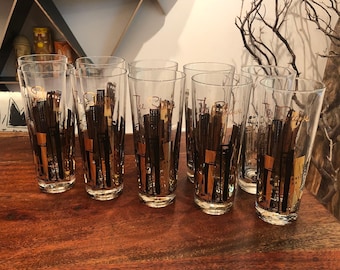 Set of 10 Mid Century Modern The Shaws Monogrammed Black & Gold Downtown Cityscape Highball 14 oz. Cocktail Glasses Vintage 1960's Barware