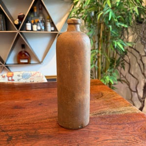 Antique 1800&#39;s French Stoneware Pottery Wine / Alcohol / Water Bottle with Cork Stopper - Handle Has Broken Off 19th Century France Decanter