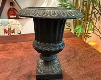 Mid Century Black Cast Iron 5" tall Urn Vase / Flower Pot - Vintage Miniature Outdoor / Indoor Planter